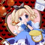  alice_margatroid alice_margatroid_(pc-98) annotated blonde_hair blue_eyes blush bow chain chair dress frilled_dress frills futami_yayoi hair_bow hair_ornament hairband heart highres pocket_watch spoon touhou touhou_(pc-98) translated watch 