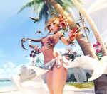  armband beach bikini bird blonde_hair blue_eyes bracelet day flower hair_flower hair_ornament hibiscus jewelry kkuem original palm_tree print_sarong sarong solo swimsuit translucent_sarong tree white_sarong wind wind_lift wristband 