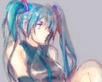  bangs bare_shoulders blue_eyes blue_hair detached_sleeves hair_over_one_eye hatsune_miku headset long_hair lowres oekaki pooj solo twintails vocaloid 