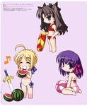  absurdres ahoge artoria_pendragon_(all) balloon bikini black_(artist) blonde_hair blue_eyes blush chibi excalibur fate/stay_night fate_(series) food fruit hair_ribbon happy highres matou_sakura multiple_girls musical_note purple_eyes purple_hair ribbon saber side-tie_bikini swimsuit sword toosaka_rin watermelon weapon 