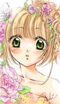  blush brown_hair cardcaptor_sakura flower green_eyes hair_flower hair_ornament kinomoto_sakura maki_(canvas) short_hair signature solo 