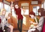  akanegi_atsuko asahina_kyouko_(kita_e) blonde_hair brown_hair casual closed_eyes glasses hair_ornament hairclip hand_grip hand_on_hip harada_akari highres kita_e kitano_suomi mocha_(snowflake) multiple_girls pantyhose shiraishi_karin sitting train_interior 