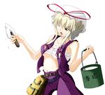  alternate_costume bad_id bad_pixiv_id belt blonde_hair bucket hat masonry_trowel nikka_(cryptomeria) one_eye_closed open_clothes sarashi solo touhou trowel yakumo_yukari yellow_eyes 