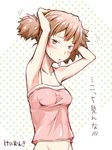  adjusting_hair armpits arms_behind_head arms_up bare_shoulders blush brown_eyes brown_hair camisole hairdressing k-on! midriff mouth_hold polka_dot shirt short_hair short_twintails solo suzuki_jun sweat taut_clothes taut_shirt toruneko translated twintails 