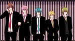  formal genderswap genderswap_(ftm) glasses gumiya hatsune_mikuo headphones highres kagamine_rinto male_focus megurine_luki meito miyoshi_(m178) multiple_boys necktie suit vocaloid 