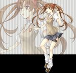  brown_eyes brown_hair legs long_hair loose_socks meso_(goma-meso) nail open_mouth school_uniform shirai_kuroko skirt socks solo striped striped_background sweater_vest thigh_strap to_aru_kagaku_no_railgun to_aru_majutsu_no_index twintails zoom_layer 