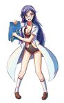  adobe_photoshop blue_hair copyright_request double_sided_wrench fictional_persona full_body glasses kneehighs labcoat legs loafers long_hair red_eyes saimon_ma self-portrait shoes simple_background socks solo swimsuit wrench 
