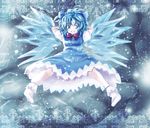  aldehyde arms_behind_head bad_id bad_pixiv_id blue_dress blue_eyes blue_hair bobby_socks bow bowtie cirno dress grin hair_bow no_shoes short_hair smile snow snowflakes socks solo touhou wings 