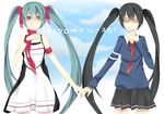  black_hair closed_eyes dress dual_persona glasses green_eyes green_hair hatsune_miku holding_hands ribbon seifuku smile tie twintails vocaloid 