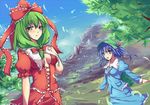  bad_id bad_pixiv_id blue_eyes blue_hair breasts center_opening day fangdan_runiu front_ponytail green_eyes green_hair hair_ribbon hat kagiyama_hina kawashiro_nitori medium_breasts multiple_girls navel outdoors ribbon small_breasts touhou tree two_side_up 