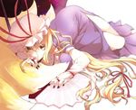  bad_id bad_pixiv_id blonde_hair bow dress fan folding_fan fox_tail gloves hair_bow hat hirasaka_ine long_hair lying multiple_tails nail_polish on_side purple_nails ribbon side_slit solo tail tassel touhou yakumo_ran yakumo_yukari yellow_eyes 