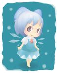  barefoot blue_hair bow chibi chikuwabu cirno curtsey full_body hair_bow simple_background smile smirk snow solo touhou wings 