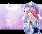  akumasatan bad_id bad_pixiv_id fan folding_fan ghost hat letterboxed pink_hair saigyouji_yuyuko short_hair solo touhou 