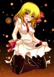  apron bad_id bad_pixiv_id black_legwear blonde_hair blush breasts ibuki_pon kneeling large_breasts naked_apron older red_eyes rumia short_hair solo thighhighs touhou 