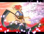  cherry_blossoms flower hair_bobbles hair_ornament onozuka_komachi red_eyes red_hair scythe short_hair solo spider_lily touhou two_side_up wakky weapon 