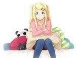  alternate_hairstyle bad_id bad_pixiv_id blonde_hair blue_eyes frown fullmetal_alchemist hair_ornament hairclip long_hair pantyhose pillow riru sitting solo twintails winry_rockbell 