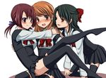  2girls :t ashikaga_yuuki blue_eyes blush brown_eyes brown_hair cross_days green_hair hair_ribbon kitsuregawa_roka kiyoura_setsuna long_hair multiple_girls otoko_no_ko red_eyes ribbon school_uniform sitting sitting_on_person skirt thighhighs tottoto_tomekichi twintails zettai_ryouiki 