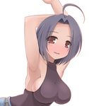  ahoge armpits bare_shoulders blue_hair breasts brown_eyes idolmaster idolmaster_(classic) idolmaster_2 impossible_clothes impossible_shirt large_breasts miura_azusa shirt short_hair sideboob skin_tight solo van-s 