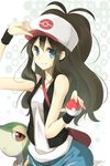  absurdres baseball_cap black_hair blue_eyes gen_5_pokemon hat highres holding holding_poke_ball kujou_ichiso poke_ball poke_ball_(generic) pokemon pokemon_(creature) pokemon_(game) pokemon_bw ponytail shorts snivy touko_(pokemon) 