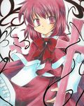  bow bowtie cross kazra okazaki_yumemi red_eyes red_hair ribbon shikishi short_hair solo touhou touhou_(pc-98) traditional_media 