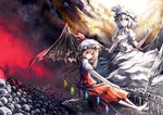  ayaya barefoot bat_wings blonde_hair blue_hair flandre_scarlet hat highres multiple_girls red_eyes remilia_scarlet siblings side_ponytail sisters sitting skull touhou wings 