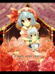 ayuko_(ayuco) bad_id bad_pixiv_id bare_shoulders bat_wings bed blue_hair character_doll doll flower french highres hug izayoi_sakuya letterboxed pillow pink_flower pink_rose red_eyes red_flower red_rose remilia_scarlet rose short_hair smile solo touhou wings 
