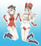  bare_legs blonde_hair blue_eyes blush boots eila_ilmatar_juutilainen elbow_gloves gloves green_eyes halftone halftone_background hat holding_hands jumping long_hair multiple_girls nikujiru_(nickjr) red_gloves sanya_v_litvyak short_hair silver_hair smile strike_witches swimsuit swimsuit_under_clothes uniform world_witches_series 