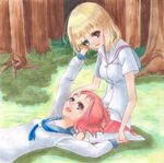  blonde_hair blue_eyes couple fukuji_mihoko hand_in_hair hand_on_another's_head heterochromia holding_hands interlocked_fingers kazekoshi_school_uniform kiyosumi_school_uniform lap_pillow looking_down looking_up mozoro multiple_girls open_mouth red_eyes red_hair saki school_uniform seiza serafuku short_hair sitting skirt smile socks takei_hisa yuri 