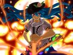  :&gt; blue_hair explosion food fruit hand_on_hip hat hinanawi_tenshi ke-su long_hair peach red_eyes smile solo sword sword_of_hisou touhou weapon 