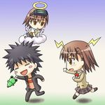  2girls angel_wings brown_eyes brown_hair chibi cloud electricity gekota halo head_mounted_display kamijou_touma kotaken misaka_imouto misaka_imouto_9982 misaka_mikoto multiple_girls school_uniform skirt tears to_aru_kagaku_no_railgun to_aru_majutsu_no_index uniform wings 