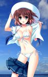  :d absurdres alpha_(yukai_na_nakamatachi) aqua_eyes bikini breasts brown_hair character_request cleavage cloud day front-tie_top hat highres medium_breasts navel ocean open_mouth school_uniform serafuku short_twintails side-tie_bikini skirt skirt_around_one_leg sky smile solo source_request swimsuit twintails undressing 