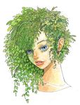  andou_ikori blue_eyes bug dryad green_hair highres insect jewelry ladybug leaf lips original plant plant_girl plant_hair single_earring solo 