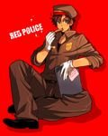  axis_powers_hetalia bad_id bad_pixiv_id beret blush boots brown_hair circus66 eating food gloves green_eyes hat looking_at_viewer male_focus pants police police_uniform sitting sleeves_rolled_up solo spain_(hetalia) text_focus uniform 