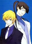  absurdres billy_katagiri blonde_hair brown_hair glasses graham_aker green_eyes gundam gundam_00 highres kouga_yun long_hair male_focus multiple_boys official_art ponytail scan 