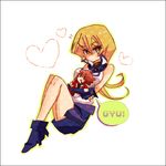  1girl blonde_hair blush boots brown_eyes chibi convenient_leg gloves heart hug kuchibashi long_hair miniskirt skirt tenjouin_asuka text_focus yuu-gi-ou yuu-gi-ou_gx yuuki_juudai 