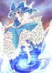  antenna_hair blue_eyes blue_hair blush bow cirno dress fetefeteli frills hair_bow ice ice_wings petticoat puffy_sleeves ripples short_hair short_sleeves smile solo touhou wings 