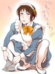  bad_id bad_pixiv_id brown_eyes brown_hair crossdressing kon_(konb) kyon maid male_focus pantyhose shoes solo squatting suzumiya_haruhi_no_yuuutsu translated uwabaki 