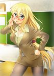  1girl adjusting_eyewear bad_id bad_pixiv_id blonde_hair breasts business_suit chalkboard classroom cleavage formal glasses green_eyes hand_on_hip indoors jacket large_breasts long_hair miniskirt original pantyhose pencil_skirt skirt skirt_suit solo suit teacher tongue very_long_hair 