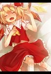  blonde_hair blush closed_eyes fingernails flandre_scarlet hat highres kamogawa_akira kneehighs letterboxed long_fingernails open_mouth ponytail short_hair side_ponytail solo tears touhou white_legwear wings 