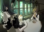  1girl aqua_eyes aqua_hair bad_id bad_pixiv_id blonde_hair cake cup elbow_gloves food gloves hair_over_shoulder hands_clasped hatsune_miku ice_cream kagamine_len long_hair maid own_hands_together parfait perspective plate sama sitting tea twintails vocaloid 