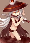  bachera bikini cape hand_on_headwear hat long_hair looking_at_viewer orange_eyes original over_shoulder scarf silver_hair slit_pupils solo swimsuit sword sword_over_shoulder wading weapon weapon_over_shoulder witch_hat 