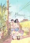  ^_^ black_hair closed_eyes fence flying_paper glasses holding_hands lamppost long_hair multiple_girls open_mouth original paper path power_lines railroad_tracks red-framed_eyewear road school_uniform shade shadow short_hair sunlight toi8 tree watch wristwatch 