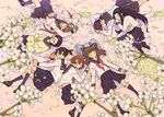  cherry_blossoms circle_formation legs multiple_girls original petals purimari school_uniform sleeping 