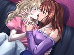  artist_request blonde_hair blush brown_eyes brown_hair character_request closed_eyes copyright_request couple denim fingernails french_kiss halter_top halterneck holding_hands interlocked_fingers jeans kiss multiple_girls nail_polish pants pink_nails sitting source_request yuri 