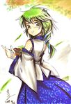  artist_request asymmetrical_hair blue_skirt cowboy_shot detached_sleeves frog_hair_ornament from_behind green_eyes green_hair hair_ornament kochiya_sanae long_sleeves looking_at_viewer nontraditional_miko skirt snake_hair_ornament solo touhou wide_sleeves 