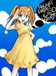  :d arm_up blue_eyes blue_sky blush brown_hair cloud copyright_request day dress looking_at_viewer looking_back mudo_(saji) open_mouth puffy_short_sleeves puffy_sleeves salute short_sleeves sky smile solo text_focus thought_bubble twintails yellow_dress 