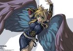  angel_wings arms_up belt blonde_hair breasts breath_of_fire breath_of_fire_ii daniel_fielding dress gauntlets gloves green_eyes large_breasts legs nina_(breath_of_fire_ii) side_slit solo thighs wings 