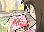  azumanga_daiou brown_hair close-up food from_behind glasses holding indoors kazunari keroro keroro_gunsou kitkat long_hair lowres mizuhara_koyomi oekaki pocky school_uniform serafuku shopping solo supermarket 