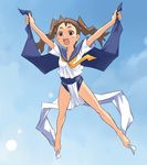  barefoot blush brown_eyes brown_hair copyright_request day flying happy long_hair maruto! no_pants school_swimsuit school_uniform serafuku sky solo swimsuit swimsuit_under_clothes twintails 