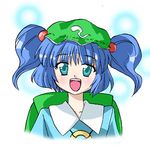  :d blue_dress blue_hair blush collar dress green_eyes hair_bobbles hair_ornament kawashiro_nitori key lowres miyabe_makoto open_mouth round_teeth short_hair smile solo teeth touhou two_side_up upper_body 